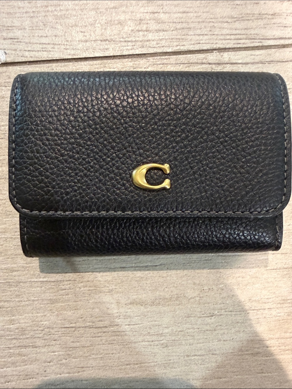 Coach Black Pebbled Leather Card Holder with Gold 'C' Emblem